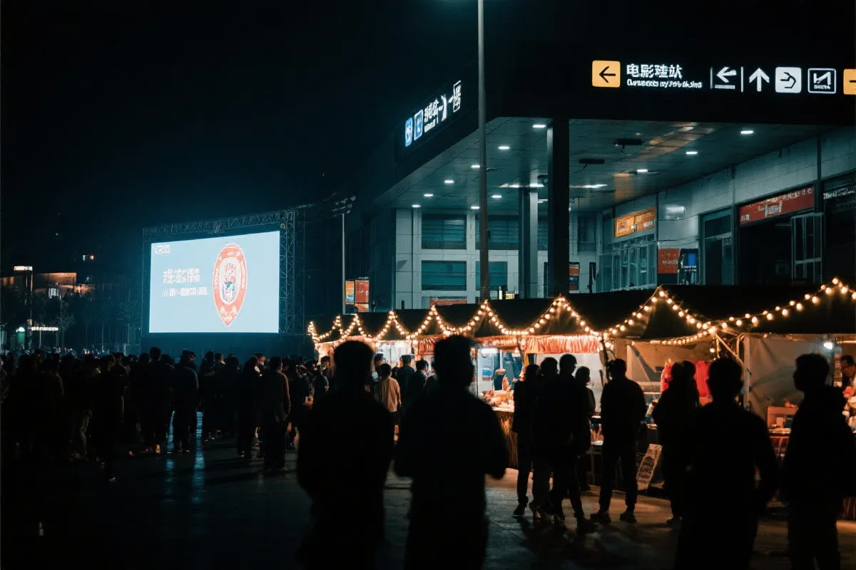 费城球迷广场夜景：大屏观赛人群、步行指示牌与公共交通入口